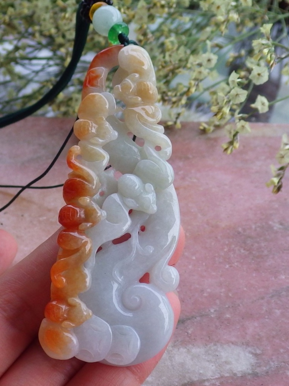 Certified Green Natural Burma A Jade jadeite 5 Bat Coin Ruyi Pendant Necklace